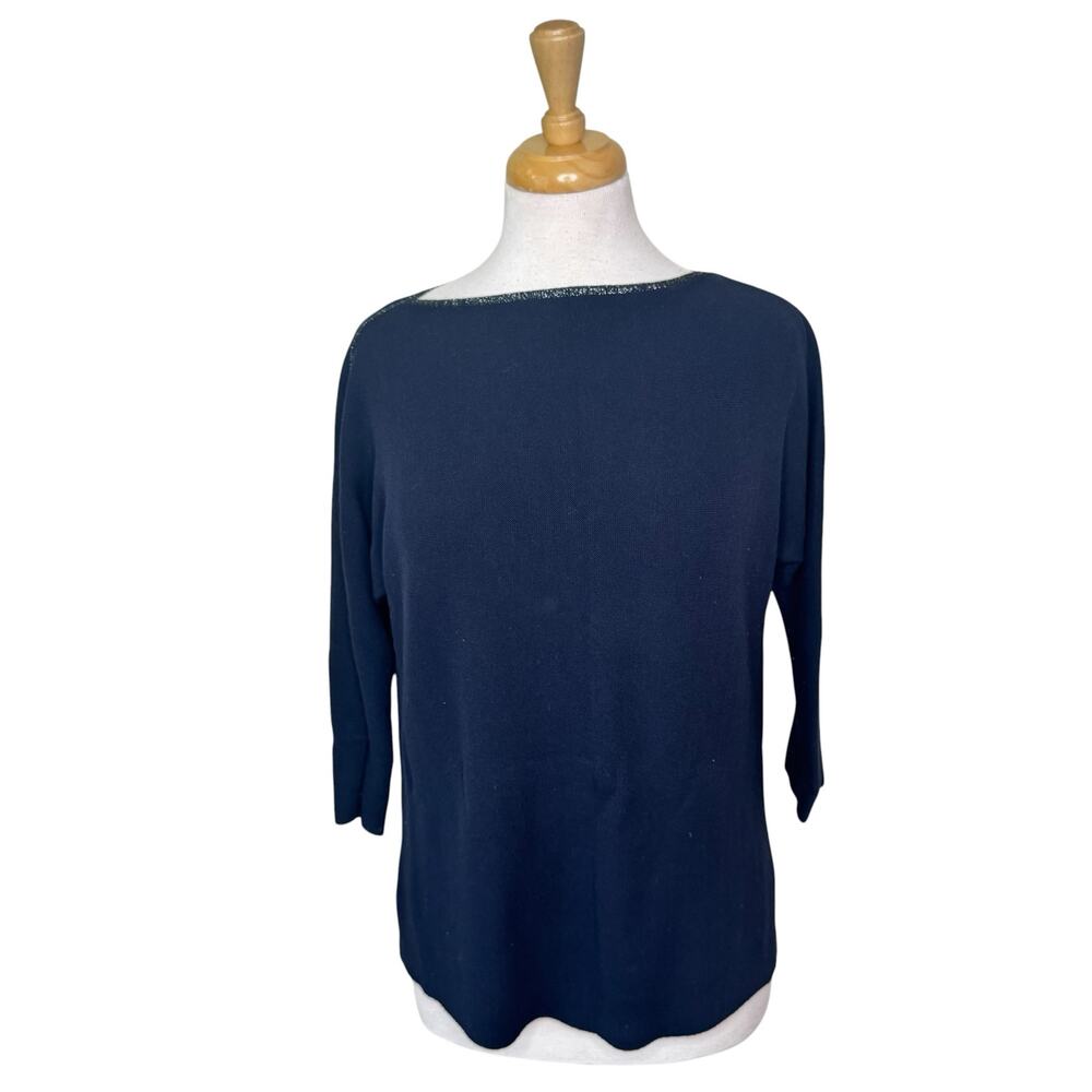 LAFAYETTE 148 Navy Blue Boatneck Sweater with Silver Metallic Trim Size Small